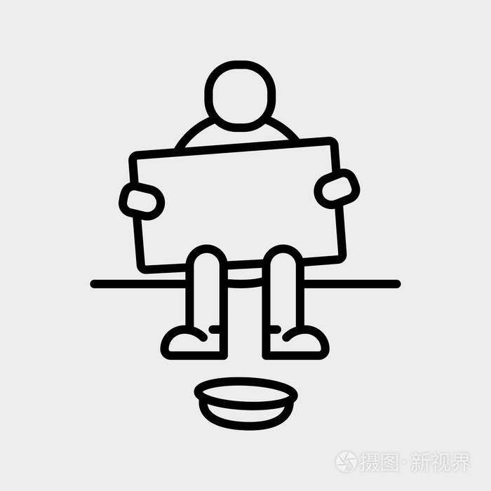 无家可归的乞丐坐着极简扁平线笔画图标符号