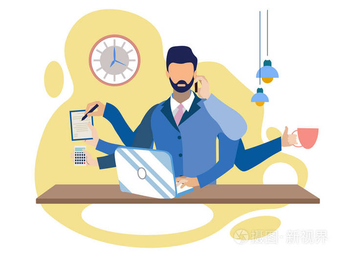 商人用六手多任务处理工作比喻.扁平的风格.动画片向量例证