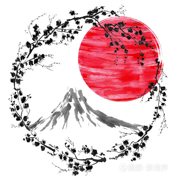 东方传统相扑绘画富士山开樱花日落日本太阳水彩和水墨插图