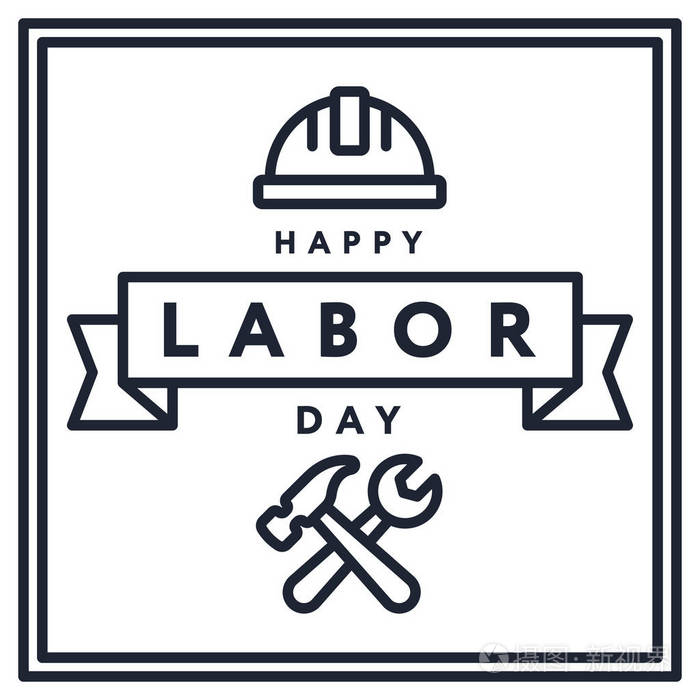 快乐劳动节最小颜色线性平面图标贺卡背景横幅与安全帽和锤子扳手.