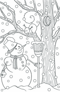 黑白图形涂鸦成人彩绘手绘素描本.冬季景观有松,雪,雪人和松鼠照片