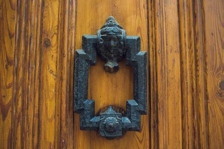 一个棕色的门与美丽的青铜复古风格雕刻狮子头把手