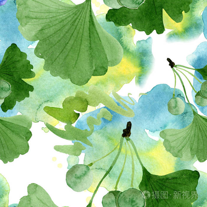 美丽的绿色银杏叶,叶子孤立在白色上. 水彩背景插图. 无缝背景图案.