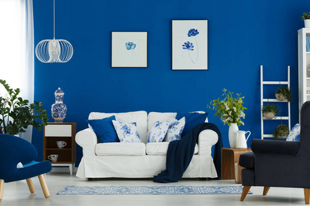 时尚客厅室内蓝色墙上的花柱，现代客厅内有白色蓝色和木制家具