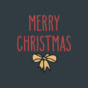圣诞快乐的手画涂鸦贺卡与丝带弓。 寒假矢量插图。 深灰色背景上的红色字母。