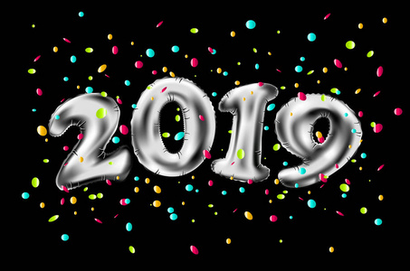 矢量新年2019庆祝活动。 银箔气球数字2019和黑色墙壁背景。 3D渲染艺术