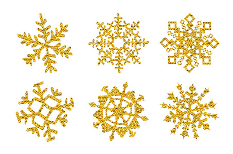 设置六个金色闪光纹理雪花隔离在白色背景上。 矢量图。 艺术艺术