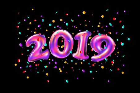 矢量新年2019庆祝活动。 粉红色箔气球数字2019和纸屑在黑色背景。 3D渲染艺术