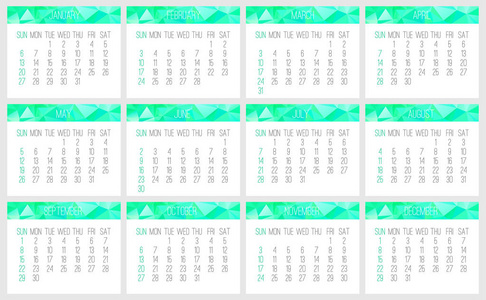 2019年矢量月日历。 从星期天开始的一周。 当代低聚设计绿松石蓝色。