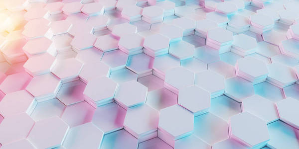 白色蓝色和粉红色抽象六边形背景图案3D渲染