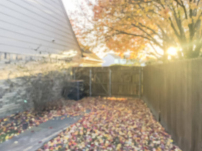 模糊的运动，五颜六色的秋叶，从后院的独栋房子与木栅栏，达拉斯，得克萨斯州，美国