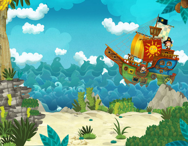 荒岛上天堂卡通插图海盗在荒岛上为孩子们插图照片