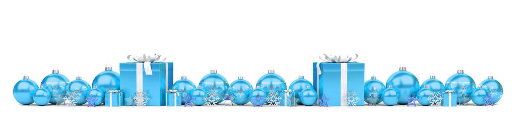 蓝色圣诞礼物和包布排列在白色背景3D渲染。