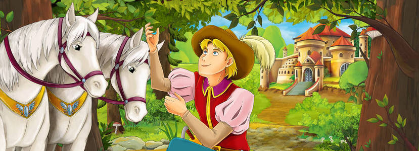 卡通自然场景，森林附近有美丽的城堡，有美丽的年轻王子和马的插图给孩子们。