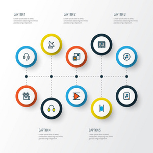 多媒体图标彩色线设置与放大, 暂停, 相机和其他耳罩元素。独立的插图多媒体图标
