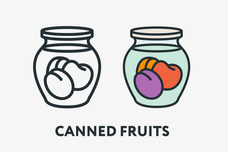 自制罐装水果概念。 装有李子苹果和桃子的玻璃瓶。 最小平线轮廓五颜六色，笔画图标象形文字