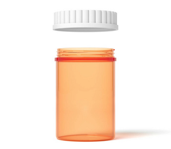3d 渲染橙色透明塑料药药罐与盖子打开隔离在白色背景