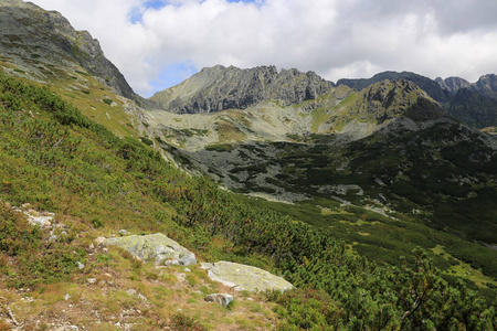 斯洛伐克Tatras斜坡上有老石头的山地景观