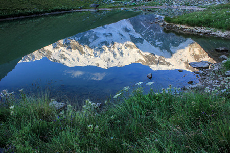 山湖雪山的倒影..主要高加索山脉的景色。高地白种人保护区。