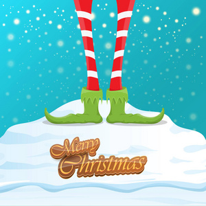 矢量搞笑快乐圣诞贺卡与卡通精灵腿, 精灵鞋和圣诞节剥去了在天空中飘落的雪的长袜。向量快乐圣诞节孩子动画片背景