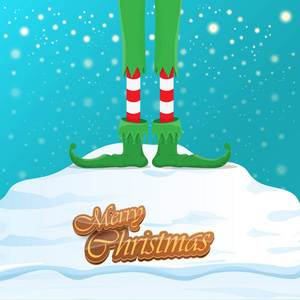 矢量搞笑快乐圣诞贺卡与卡通精灵腿, 精灵鞋和圣诞节剥去了在天空中飘落的雪的长袜。向量快乐圣诞节孩子动画片背景