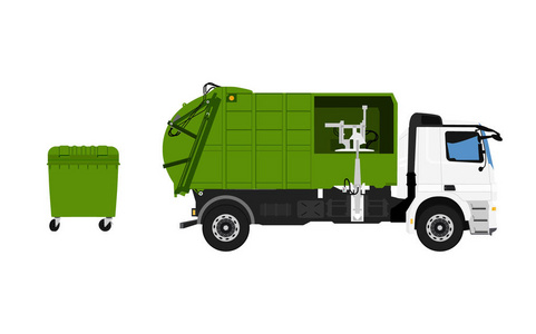 垃圾车和绿色塑料容器隔离在白色背景上. 废物收集车辆. 矢量插图照片