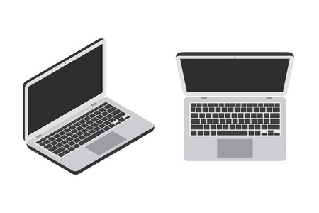 现代笔记本电脑在白色背景上的等距趋势风格。 台式计算机的矢量库存图。 用于工作和设计的笔记本