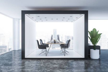 白色和黑色室的内部，木制桌子和黑色椅子站在全景室，混凝土地板和黑色沙发。 3D渲染