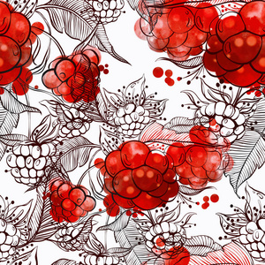 印记树莓浆果混合重复无缝图案。 数字手绘图片与水彩纹理。 混合混合