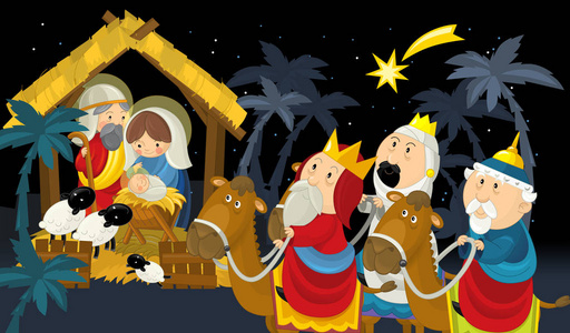 宗教插图三个国王和神圣家庭传统场景插图儿童照片