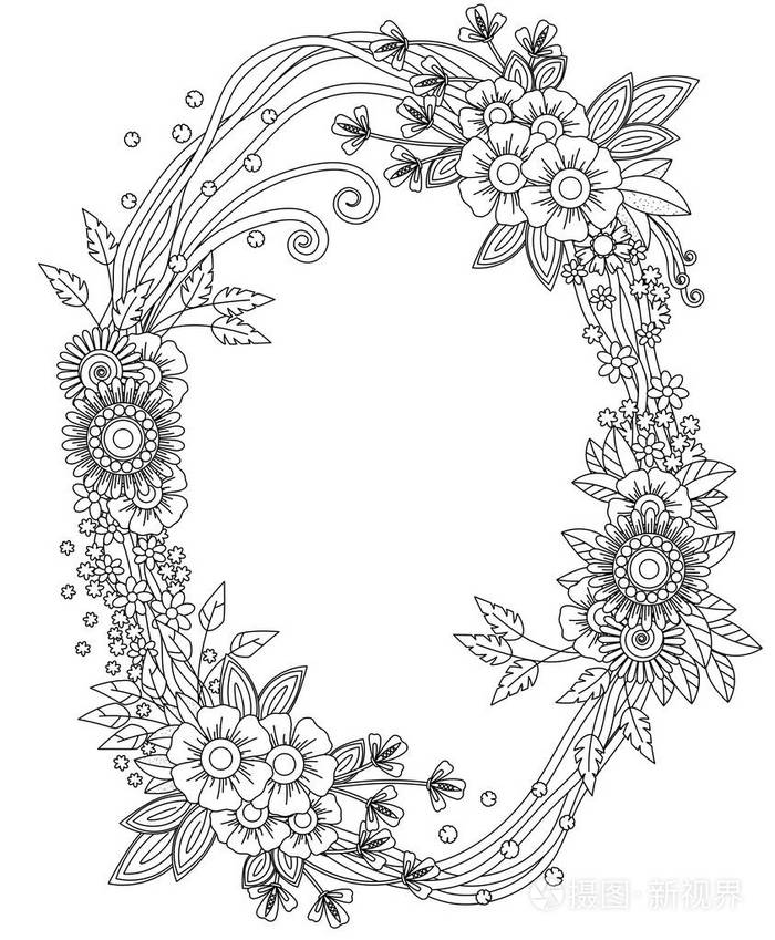 着色书的矢量图案 民族复古设计 带有花元素 黑色花环 线条艺术插画 正版商用图片15g9fa 摄图新视界 着色书的矢量图案 民族复古设计 带有花元素 黑色花环 线条艺术插画 正版商用图片15g9fa 摄图新视界