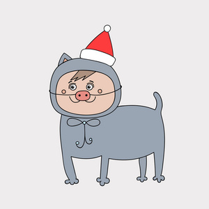 戴着圣诞帽的可爱小猫，伪装成猪。矢量大纲插图