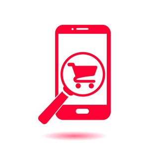 在智能手机上寻找购物的玻璃。网上购物图标。