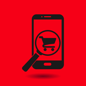 玻璃寻找在智能手机上购物。 网上购物图标。