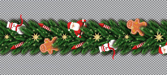 与圣诞老人的边界圣诞树树枝，金色的星星，红色的火箭，雪人和姜饼人在透明的背景下。 矢量图。 杉树树枝边界。