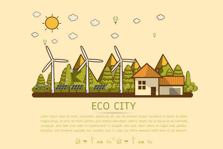 风力涡轮机自行车太阳能电池房和树木的生态家园矢量插图。 拯救地球日的背景。 环境生态自然保护和污染理念。