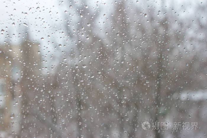 有树背景的窗户上的雨滴 雨雪天气 泡泡的背景 雨滴落在玻璃上照片 正版商用图片15h1xr 摄图新视界