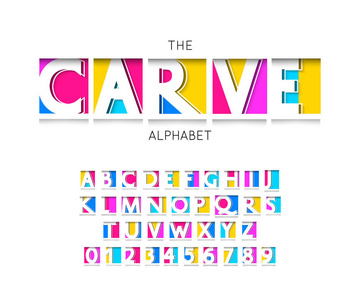 雕刻字体和字母表矢量数字和字母的明亮设计