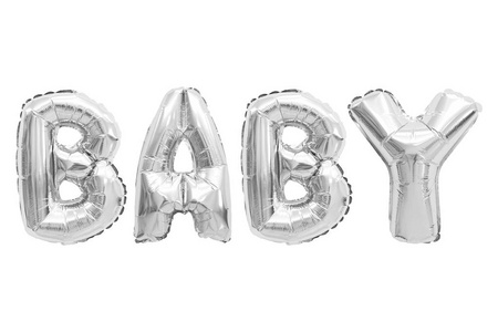 英文字母中的单词宝宝来自白色背景上的铬气球。假期和教育。