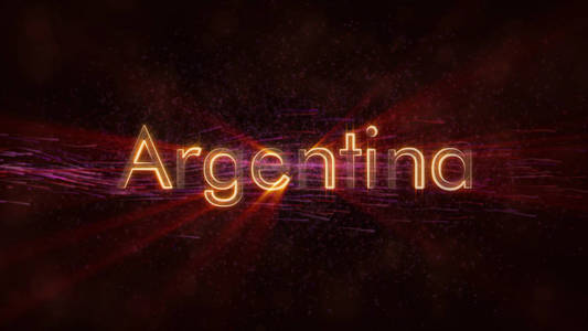 阿根廷国名文字动画闪亮的光线在文字边缘环绕，背景上有旋转和流动的星星
