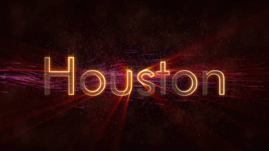休斯顿，美国城市名称，文字动画，闪亮的光线，环绕在文字的边缘，背景与旋转和流动的星星
