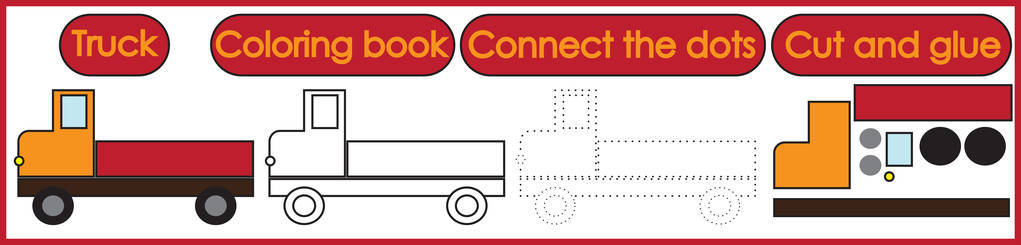 游戏儿童3在1.着色书连接点切割和胶水。 卡车卡通。 矢量图。