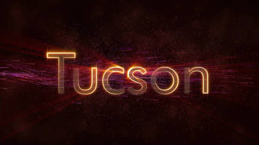 图森美国城市名称，文字动画，闪亮的光线，环绕在文字的边缘，背景上有旋转和流动的星星