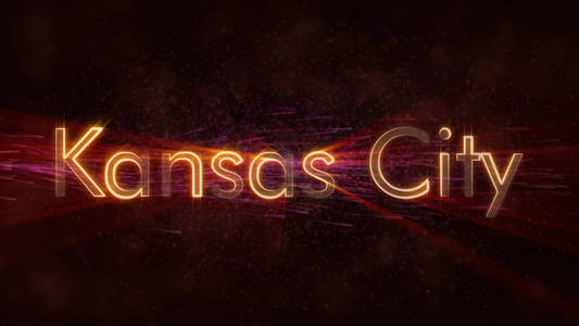 堪萨斯城，美国城市名称，文字动画，闪亮的光线在文字的边缘，在一个背景上旋转和流动的星星。