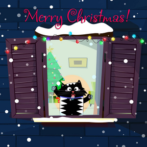 圣诞贺卡可爱有趣的卡通猫角色，在装饰的窗户上用舌头捕捉雪花，房间里有花环杉树。 图示节日圣诞图案