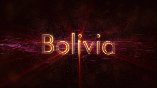 玻利维亚国名文字动画闪亮的光线在文字边缘环绕，背景是旋转和流动的星星