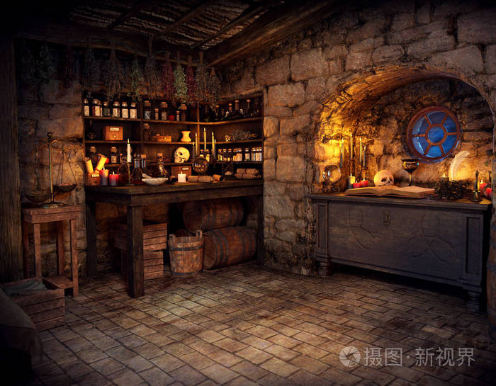 中世纪幻想cgi女巫小屋烛光