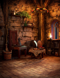 中世纪幻想CGI女巫小屋，烛光