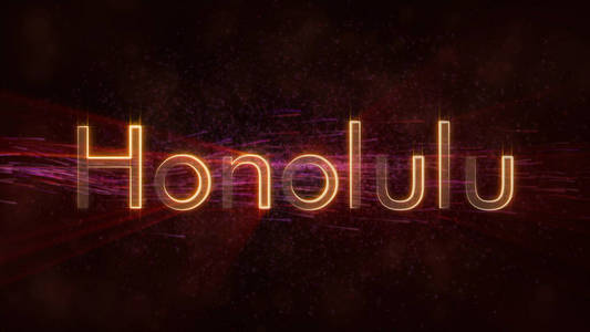火奴鲁鲁美国城市名称文字动画闪亮的光线环绕在文字边缘的背景与旋转和流动的星星