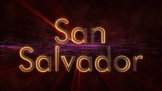 圣萨尔瓦多萨尔瓦多城市名称文字动画闪亮的光线在文字的边缘，在背景上旋转和流动的星星